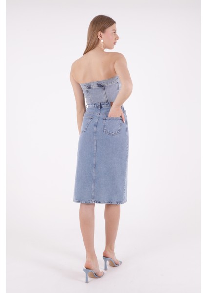 Önü Yırtmaç Detaylı ve Cepli Astarsız Orta Boylu Normal Belli Kot Kadın Etek Orta Mavi Denim