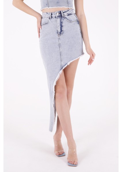 Püsküllü ve Çapraz Kesim Detaylı Cepli Astarsız Normal Belli Kadın Kot Etek Orta Mavi Denim Yaz