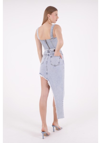Püsküllü ve Çapraz Kesim Detaylı Cepli Astarsız Normal Belli Kadın Kot Etek Orta Mavi Denim Yaz