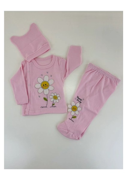 Puro Cotone Üçlü Hastane Çıkış Seti Pembe Papatya Desenli