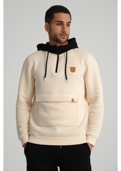 Ekru Kanguru Cepli Kapüşonlu Erkek Sweatshirt