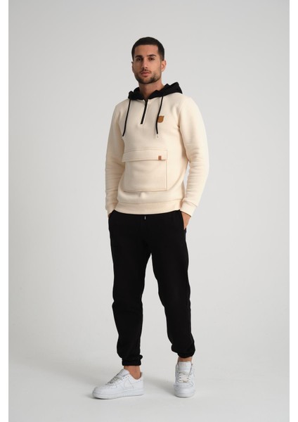 Ekru Kanguru Cepli Kapüşonlu Erkek Sweatshirt fiyatları