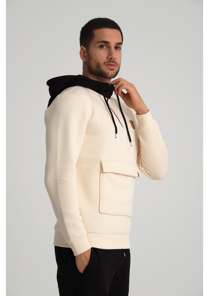 Ekru Kanguru Cepli Kapüşonlu Erkek Sweatshirt modelleri