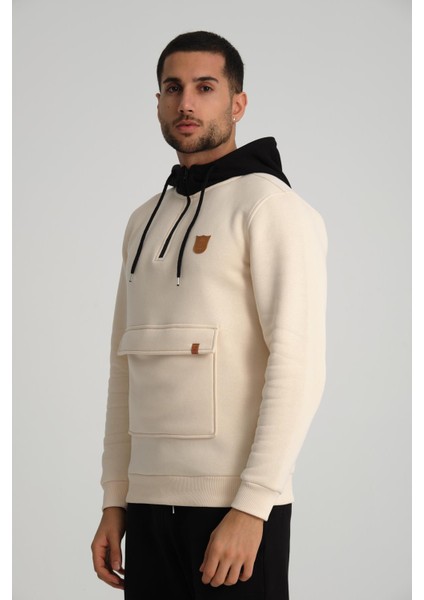 Ekru Kanguru Cepli Kapüşonlu Erkek Sweatshirt fırsatları