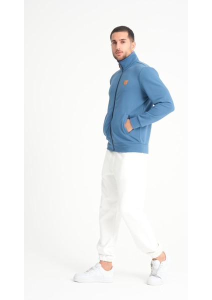 Indigo Tam Fermuarlı Dik Yaka Armalı Erkek Sweatshirt