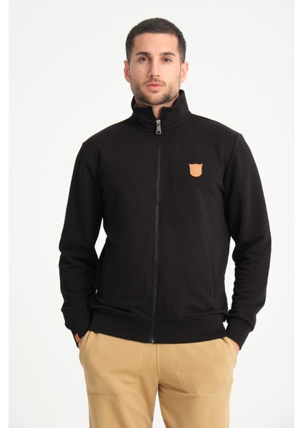 Siyah Tam Fermuarlı Dik Yaka Armalı Erkek Sweatshirt