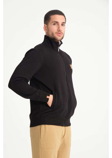 Siyah Tam Fermuarlı Dik Yaka Armalı Erkek Sweatshirt