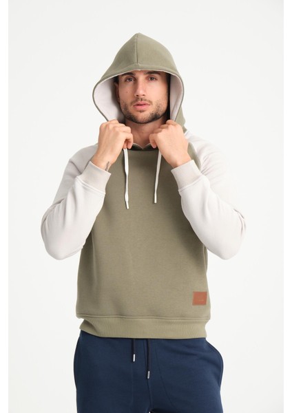 Yeşil Iki Renkli Kapüşonlu Erkek Sweatshirt