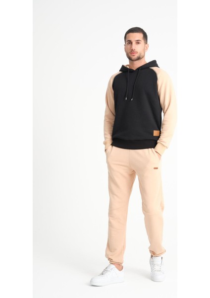 Kahve Iki Renkli Kapüşonlu Erkek Sweatshirt