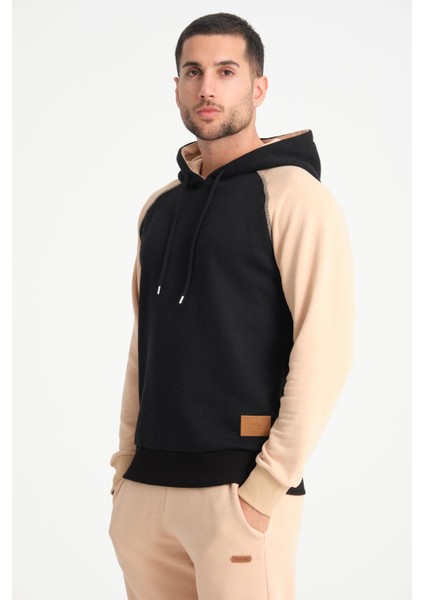 Kahve Iki Renkli Kapüşonlu Erkek Sweatshirt