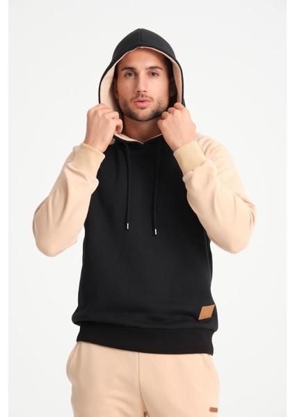 Kahve Iki Renkli Kapüşonlu Erkek Sweatshirt