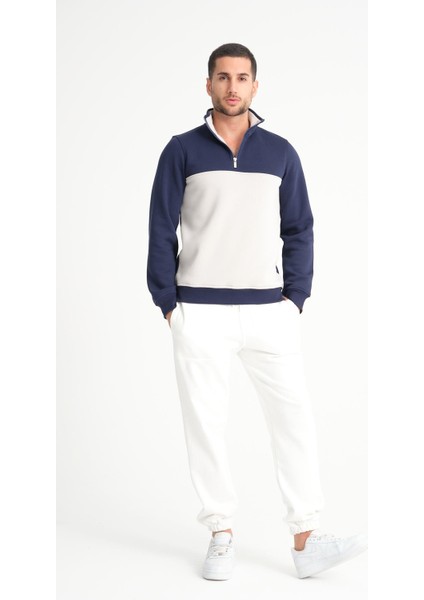 Lacivert Dik Yaka Yarım Fermuarlı Erkek Sweatshirt