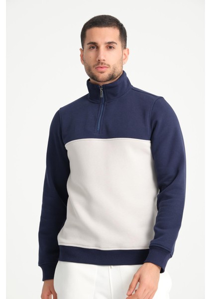 Lacivert Dik Yaka Yarım Fermuarlı Erkek Sweatshirt