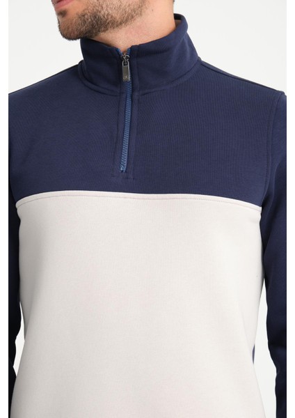 Lacivert Dik Yaka Yarım Fermuarlı Erkek Sweatshirt
