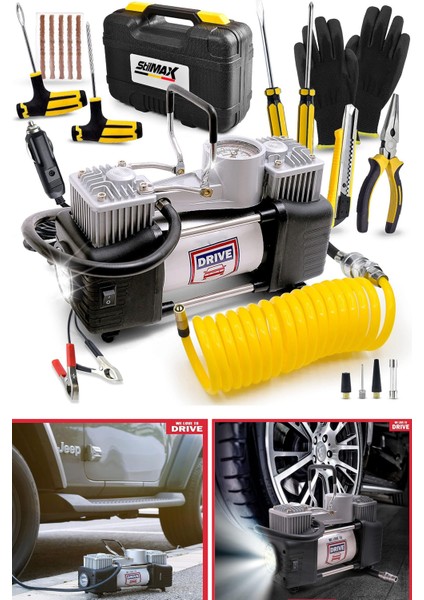 Profesyonel Çift Pistonlu Metal Hava Kompresörü 12 V 150 Psi Araba Lastik Bot Şişirme Full Çanta Set