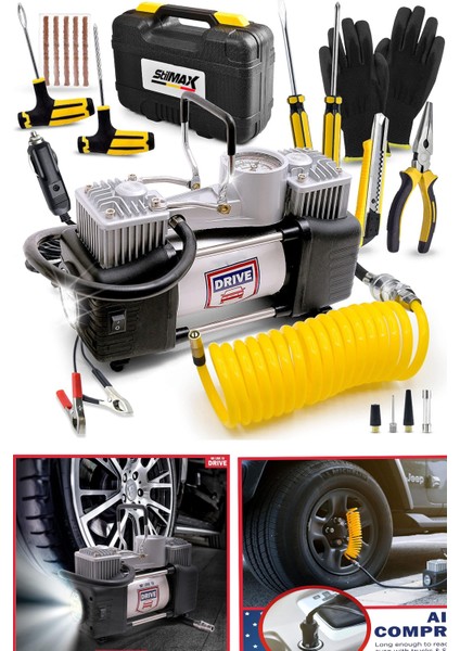 Profesyonel Çift Pistonlu Metal Hava Kompresörü 12 V 150 Psi Araba Lastik Bot Şişirme Full Çanta Set fiyatları