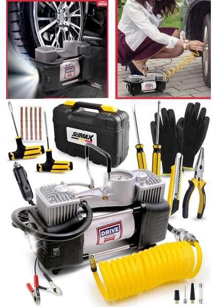 Profesyonel Çift Pistonlu Metal Hava Kompresörü 12 V 150 Psi Araba Lastik Bot Şişirme Full Çanta Set modelleri