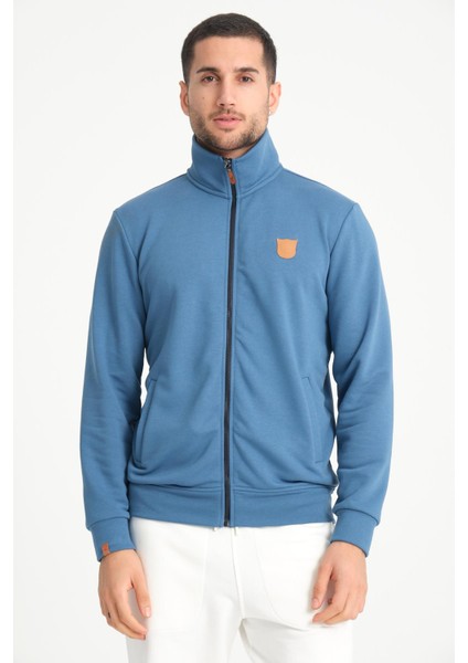 Indigo Tam Fermuarlı Dik Yaka Armalı Erkek Sweatshirt