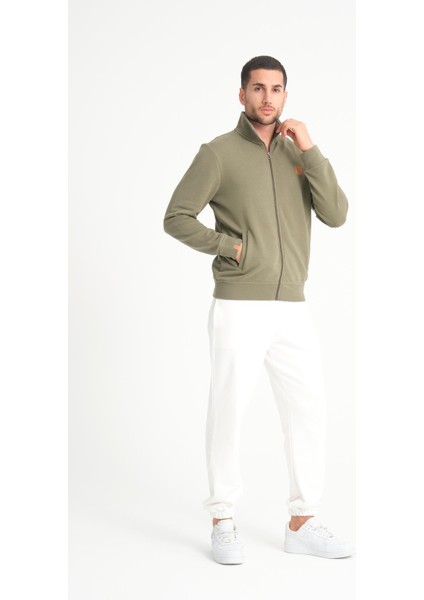 Yeşil Tam Fermuarlı Dik Yaka Armalı Erkek Sweatshirt