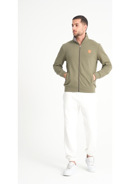 Yeşil Tam Fermuarlı Dik Yaka Armalı Erkek Sweatshirt