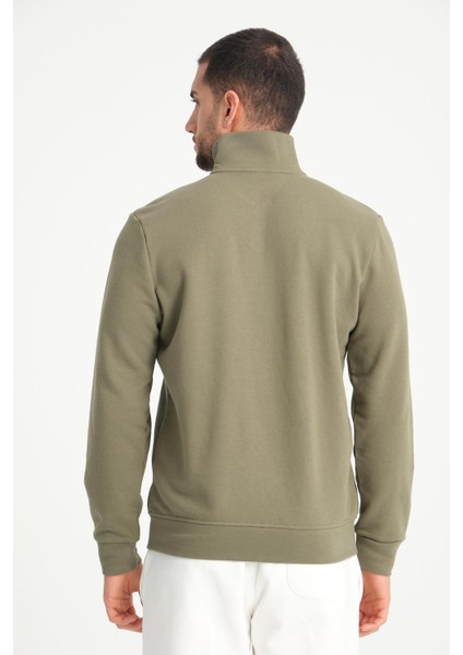 Yeşil Tam Fermuarlı Dik Yaka Armalı Erkek Sweatshirt