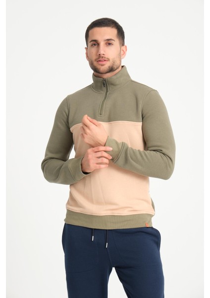 Yeşil Dik Yaka Yarım Fermuarlı Erkek Sweatshirt
