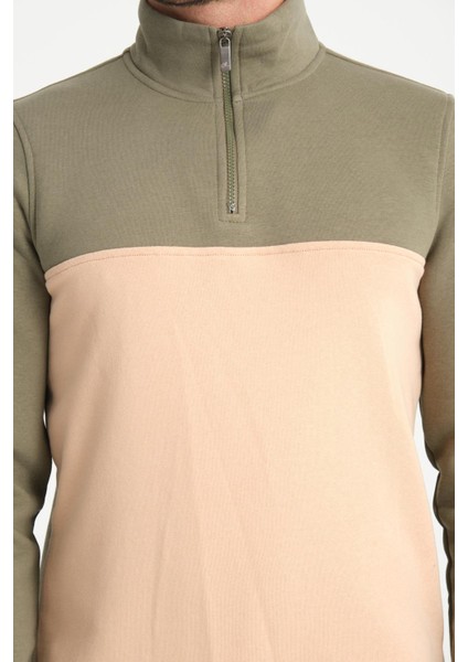 Yeşil Dik Yaka Yarım Fermuarlı Erkek Sweatshirt