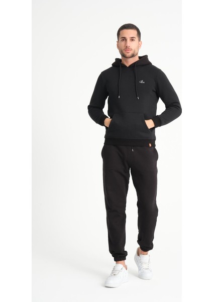 Siyah Kanguru Cepli Kapüşonlu Erkek Sweatshirt