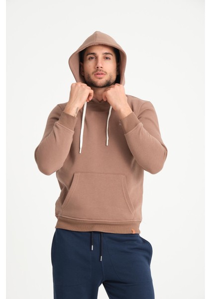 Kahve Kanguru Cepli Kapüşonlu Erkek Sweatshirt