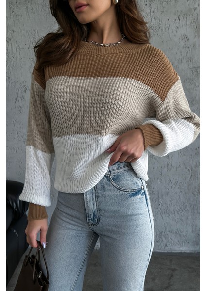 Renk Bloklu Örgü Desenli Triko Kazak