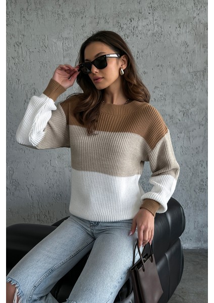 Renk Bloklu Örgü Desenli Triko Kazak modelleri