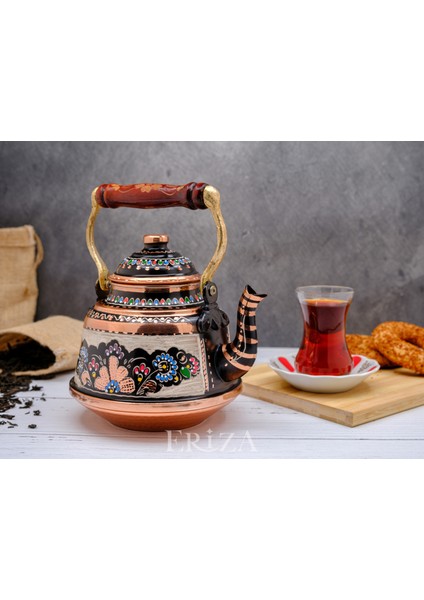 1,6 Litre El Işlemeli Nostaljik Tekli Kalaylı Dövme Bakır Demlik, Çaydanlık, Su Isıtıcısı