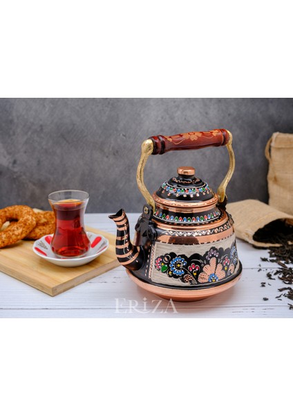 1,6 Litre El Işlemeli Nostaljik Tekli Kalaylı Dövme Bakır Demlik, Çaydanlık, Su Isıtıcısı