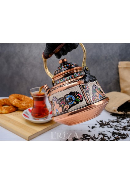 1,6 Litre El Işlemeli Nostaljik Tekli Kalaylı Dövme Bakır Demlik, Çaydanlık, Su Isıtıcısı