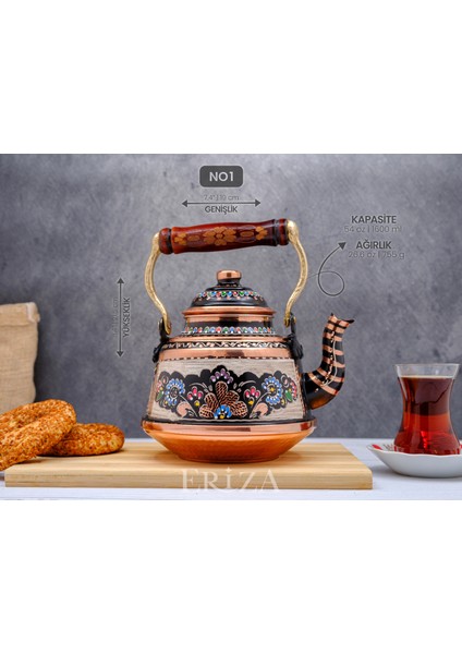 1,6 Litre El Işlemeli Nostaljik Tekli Kalaylı Dövme Bakır Demlik, Çaydanlık, Su Isıtıcısı