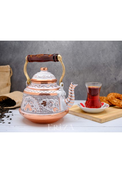 1,6 Litre El Işlemeli Nostaljik Tekli Kalaylı Dövme Bakır Demlik, Çaydanlık, Su Isıtıcısı