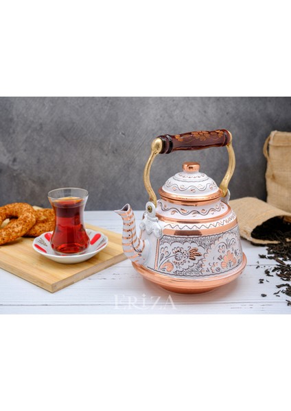 1,6 Litre El Işlemeli Nostaljik Tekli Kalaylı Dövme Bakır Demlik, Çaydanlık, Su Isıtıcısı