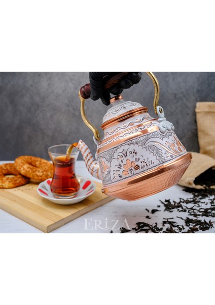 1,6 Litre El Işlemeli Nostaljik Tekli Kalaylı Dövme Bakır Demlik, Çaydanlık, Su Isıtıcısı
