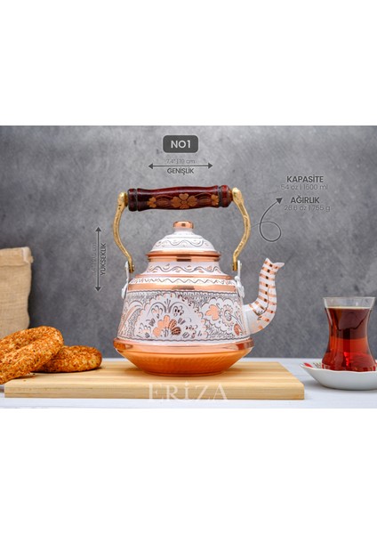 1,6 Litre El Işlemeli Nostaljik Tekli Kalaylı Dövme Bakır Demlik, Çaydanlık, Su Isıtıcısı