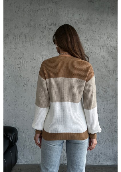 Renk Bloklu Örgü Desenli Triko Kazak fırsatları