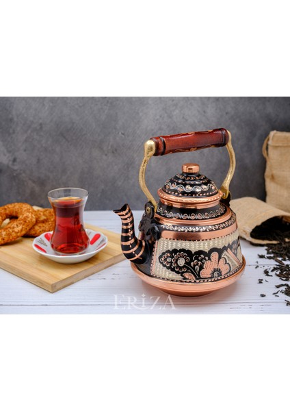 1,6 Litre El Işlemeli Nostaljik Tekli Kalaylı Dövme Bakır Demlik, Çaydanlık, Su Isıtıcısı