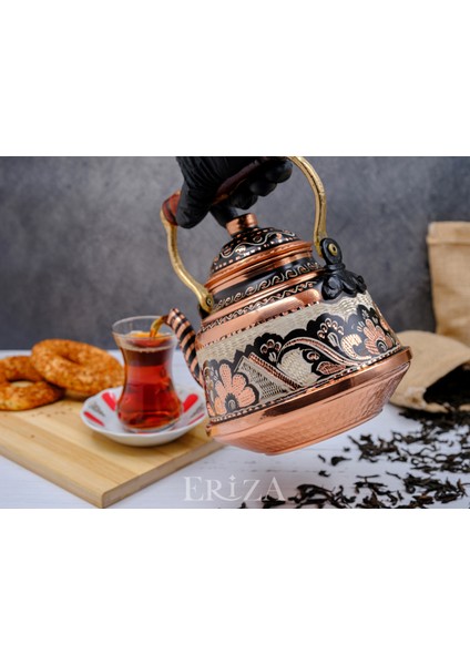 1,6 Litre El Işlemeli Nostaljik Tekli Kalaylı Dövme Bakır Demlik, Çaydanlık, Su Isıtıcısı