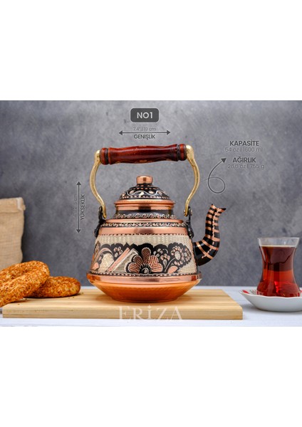 1,6 Litre El Işlemeli Nostaljik Tekli Kalaylı Dövme Bakır Demlik, Çaydanlık, Su Isıtıcısı