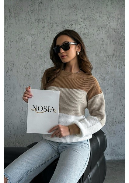 Nosia Fashion Renk Bloklu Örgü Desenli Triko Kazak