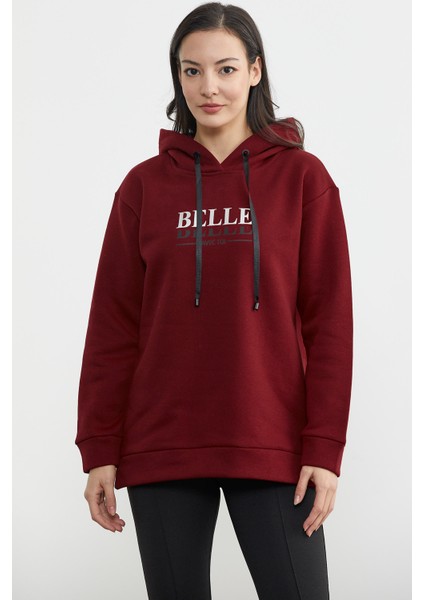 Kapüşonlu Içi Pamuklu Kalın Sweatshirt - Bordo