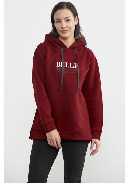 Kapüşonlu Içi Pamuklu Kalın Sweatshirt - Bordo
