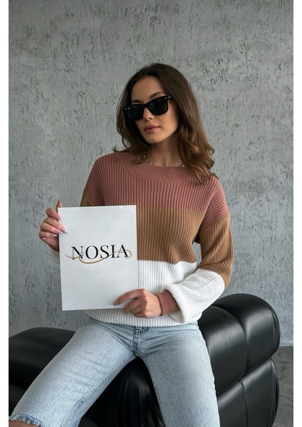 Nosia Fashion Renk Bloklu Örgü Desenli Triko Kazak