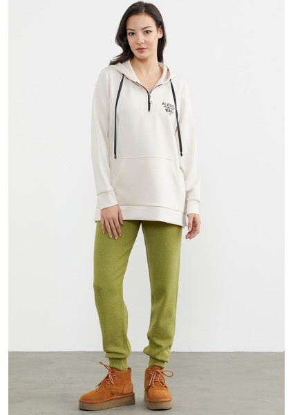 Yarım Fermuarlı Kapüşonlu Sweatshirt - Bej