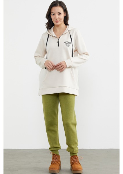 Yarım Fermuarlı Kapüşonlu Sweatshirt - Bej fiyatları