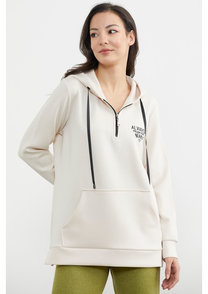 Yarım Fermuarlı Kapüşonlu Sweatshirt - Bej modelleri